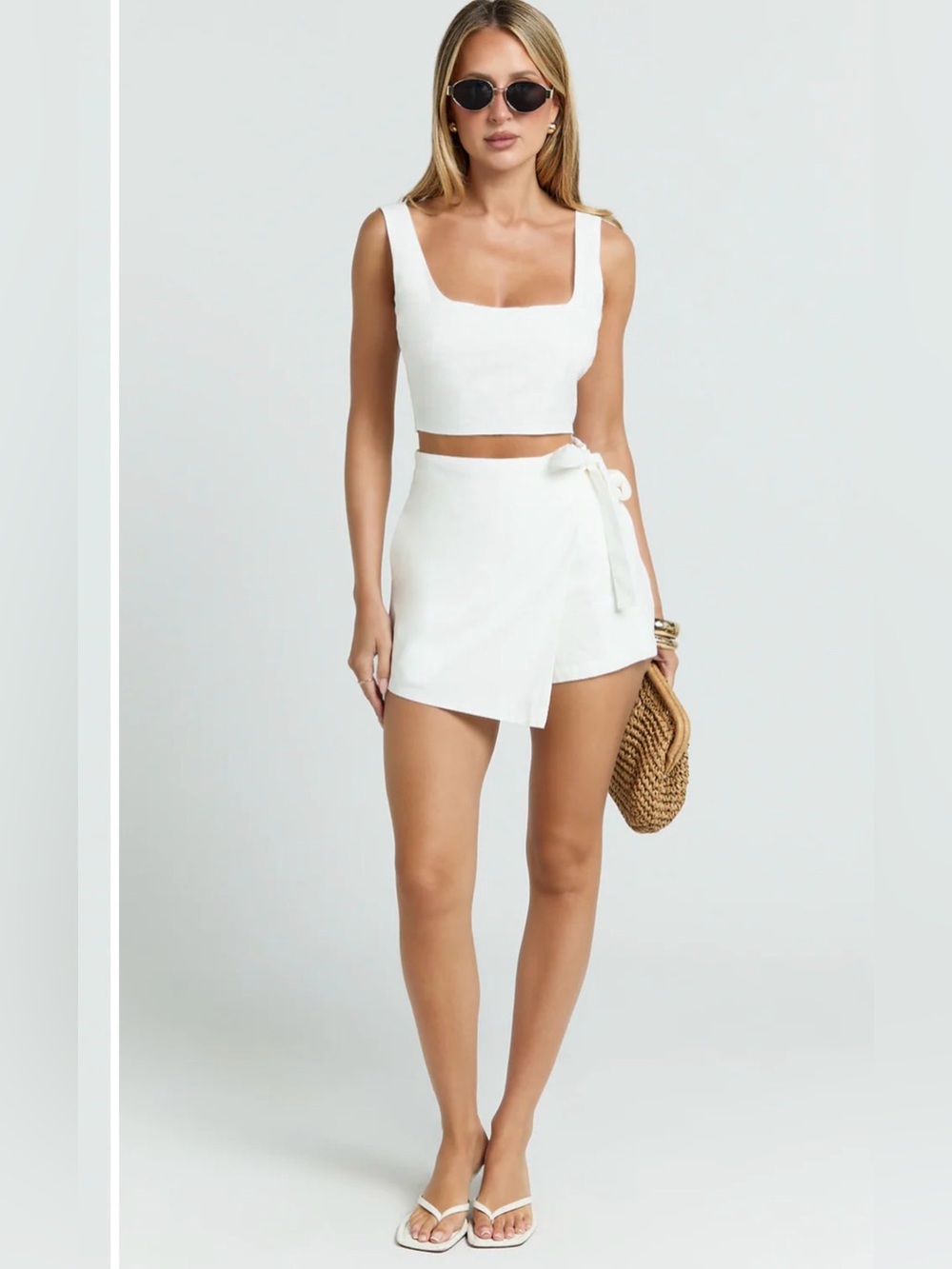 NWT Showpo POLINA White Linen Two-Piece Crop Top and Wrap Skort Set Size 6